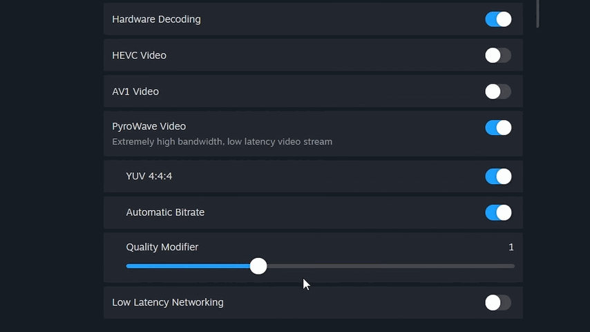 A screenshot of Steam's Remote Play settings showing the new Pyrowave option.