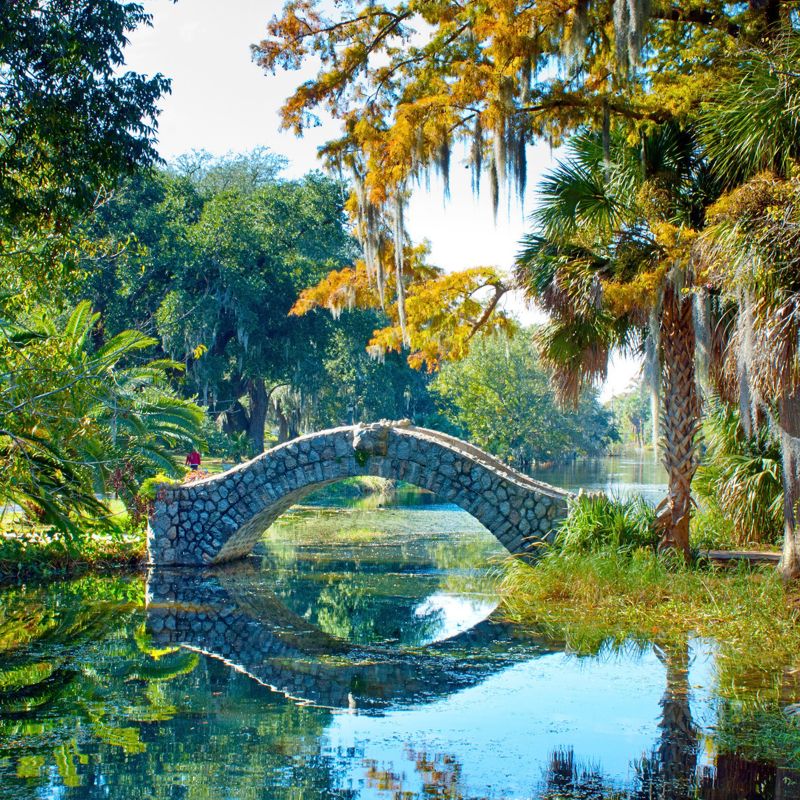 Langles Stone Bridge in City Park, New Orleans on a sunny day.