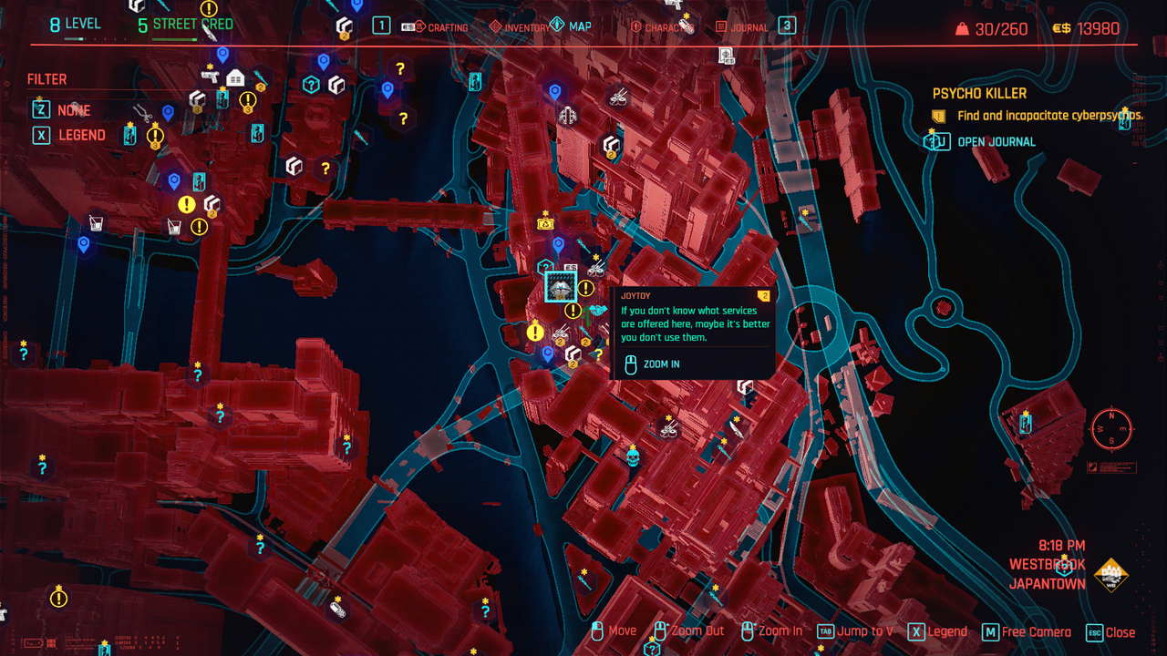 Cyberpunk 2077 Joytoy locations - map view showing a joytoy location
