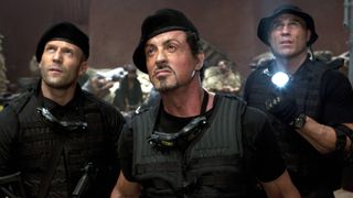 (L-R) Jason Statham as Lee Christmas, Sylvester Stallone as Barney Ross and Randy Couture as Toll Road in "The Expendables"