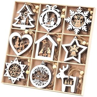 A wooden box with wooden Christmas ornaments inside, divided into the ornament style. 