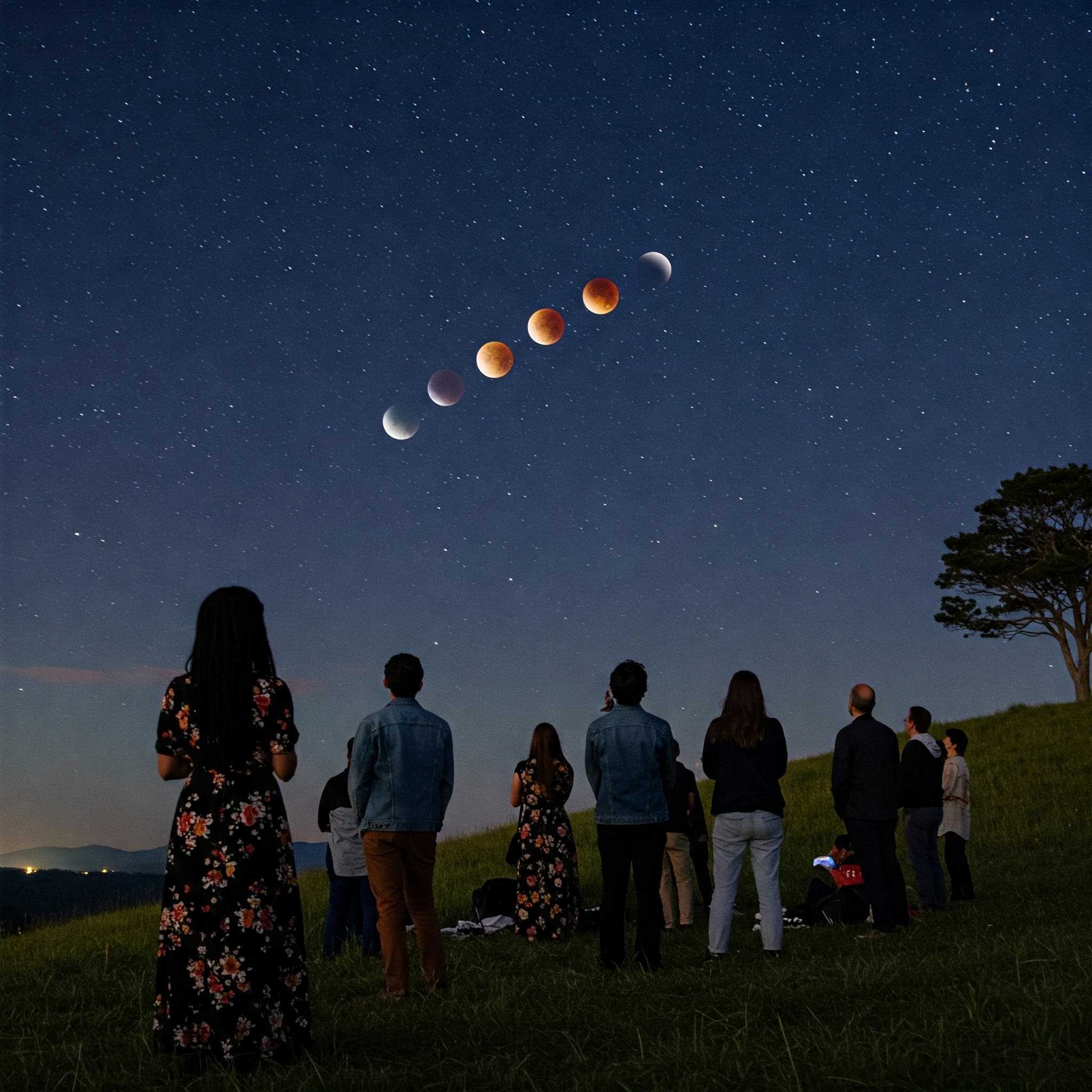 The moon in various stages of eclipse seen over a darkened landscape