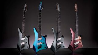 Ibanez Alpha Series: 7 and 8-string guitars with an all-new shape, metallic finishes, and photographed here in profile against a dark gradient background.
