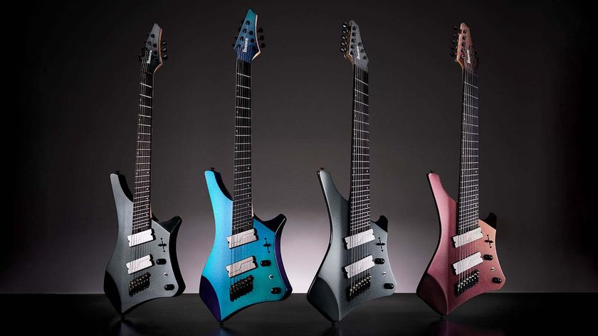 Ibanez Alpha Series: 7 and 8-string guitars with an all-new shape, metallic finishes, and photographed here in profile against a dark gradient background.