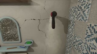 A first person view of a power drill badly damaging a wall during use from videogame Low-Budget Repairs.