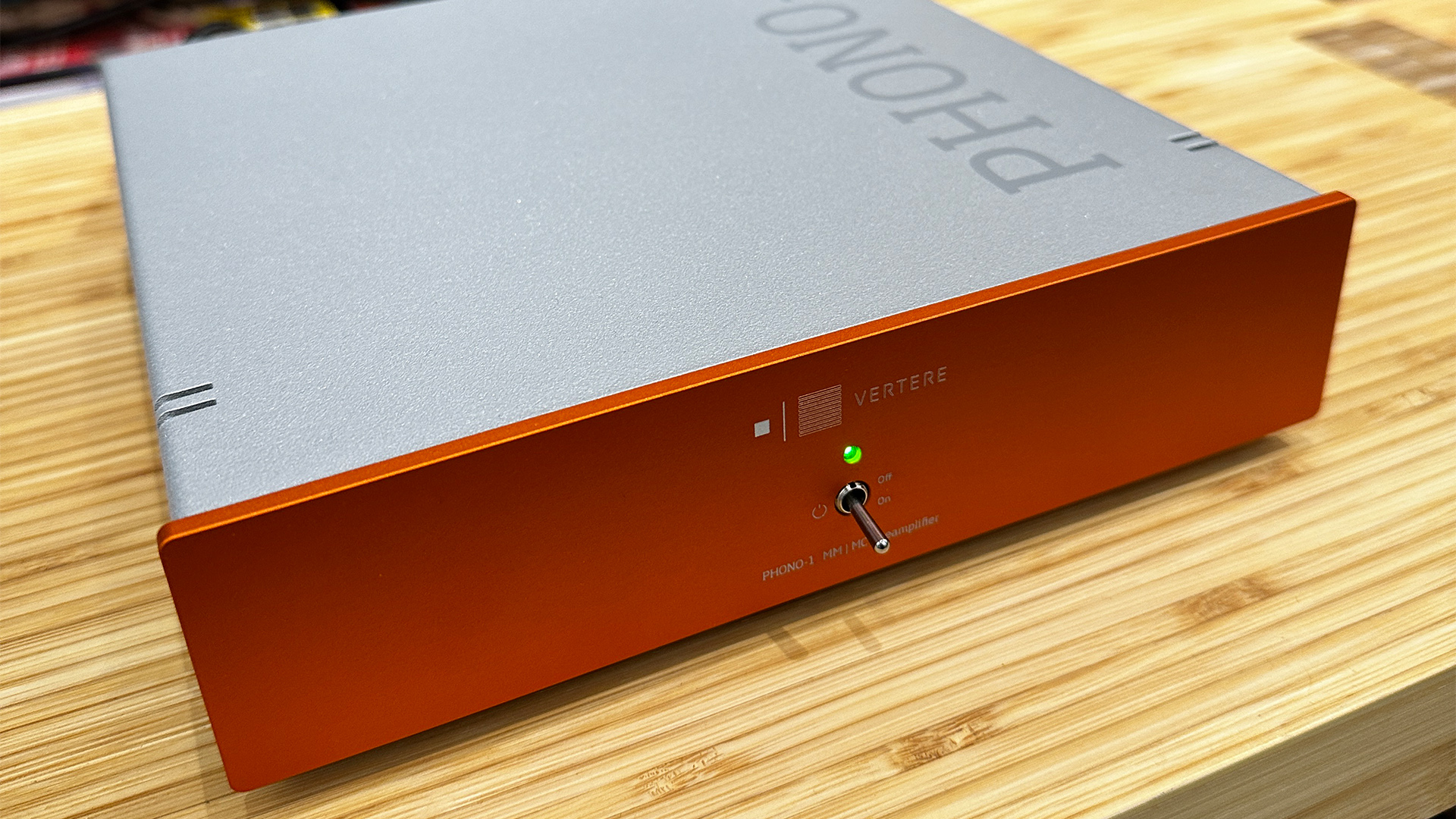 Vertere Phono-1 LX phono stage on wooden hi-fi rack