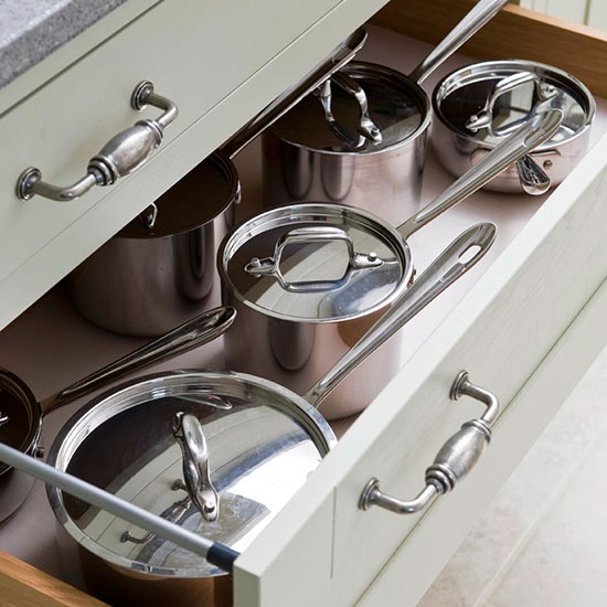 kitchen with drawers and pan