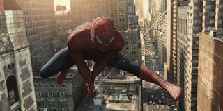 Tobey Maguire's Spider-Man swinging through New York City in Spider-Man 2