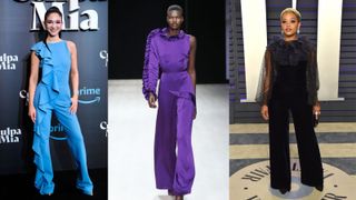 how to wear a ruffle jumpsuit: three women wearing a ruffle jumpsuit on the red carpet and runway