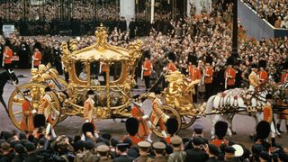 Queen Elizabeth II in the Gold State Coach after her coronation at Westminster Abbey, London, 2nd June 1953.