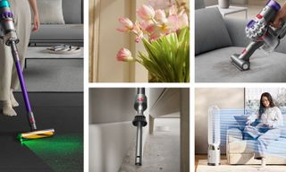 Collage of images showcasing Dyson floorcare and air treatment