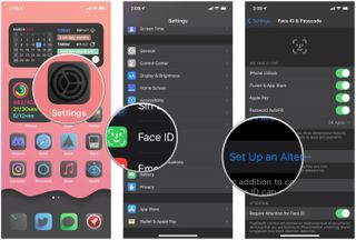 How to set up an alternative appearance or second person to Face ID on iPhone by showing: Launch Settings, tap Face ID & Passcode, input passcode, tap Set Up Alternate Appearance