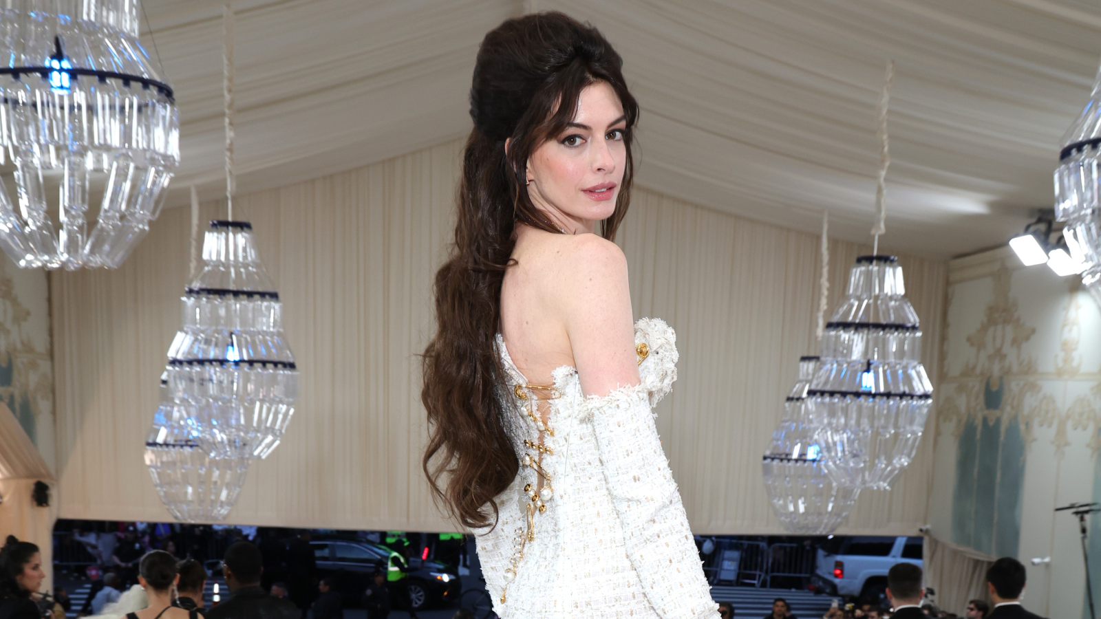 Anne Hathaway wears Versace safety-pin dress on Met Gala red carpet 2023