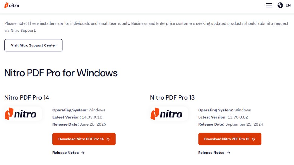 Website screenshot of Nitro PDF Pro (August, 2025)