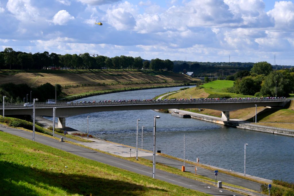 TOURNAI BELGIUM SEPTEMBER 29 A general view of the peloton passing through a landscape during the 80th Euromtropole Tour 2021 a 1776km race from La Louvire to Tournai Eurometrotour on September 29 2021 in Tournai Belgium Photo by Luc ClaessenGetty Images