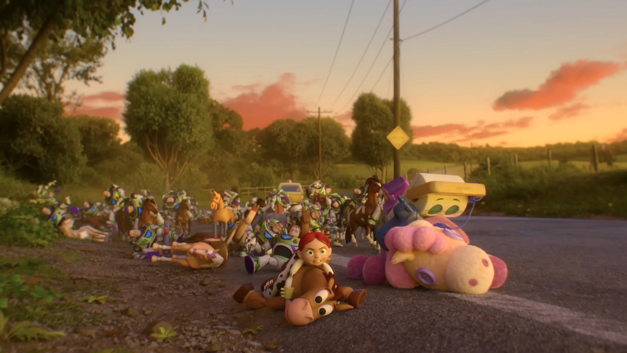 Jessie on Bullseye with other toys playing "dead" on the side of a road in Toy Story 5