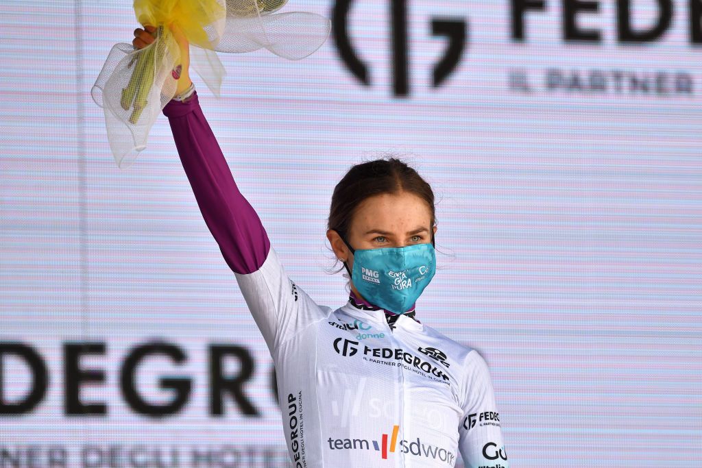 OVADA ITALY JULY 04 Niamh FisherBlack of New Zealand and Team SD Worx white best young jersey celebrates at podium during the 32nd Giro dItalia Internazionale Femminile 2021 Stage 3 a 135km stage from Casale Monferrato to Ovada GiroDonne UCIWWT on July 04 2021 in Ovada Italy Photo by Luc ClaessenGetty Images