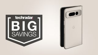 Google Pixel Fold on light sandy background with big savings text overlay