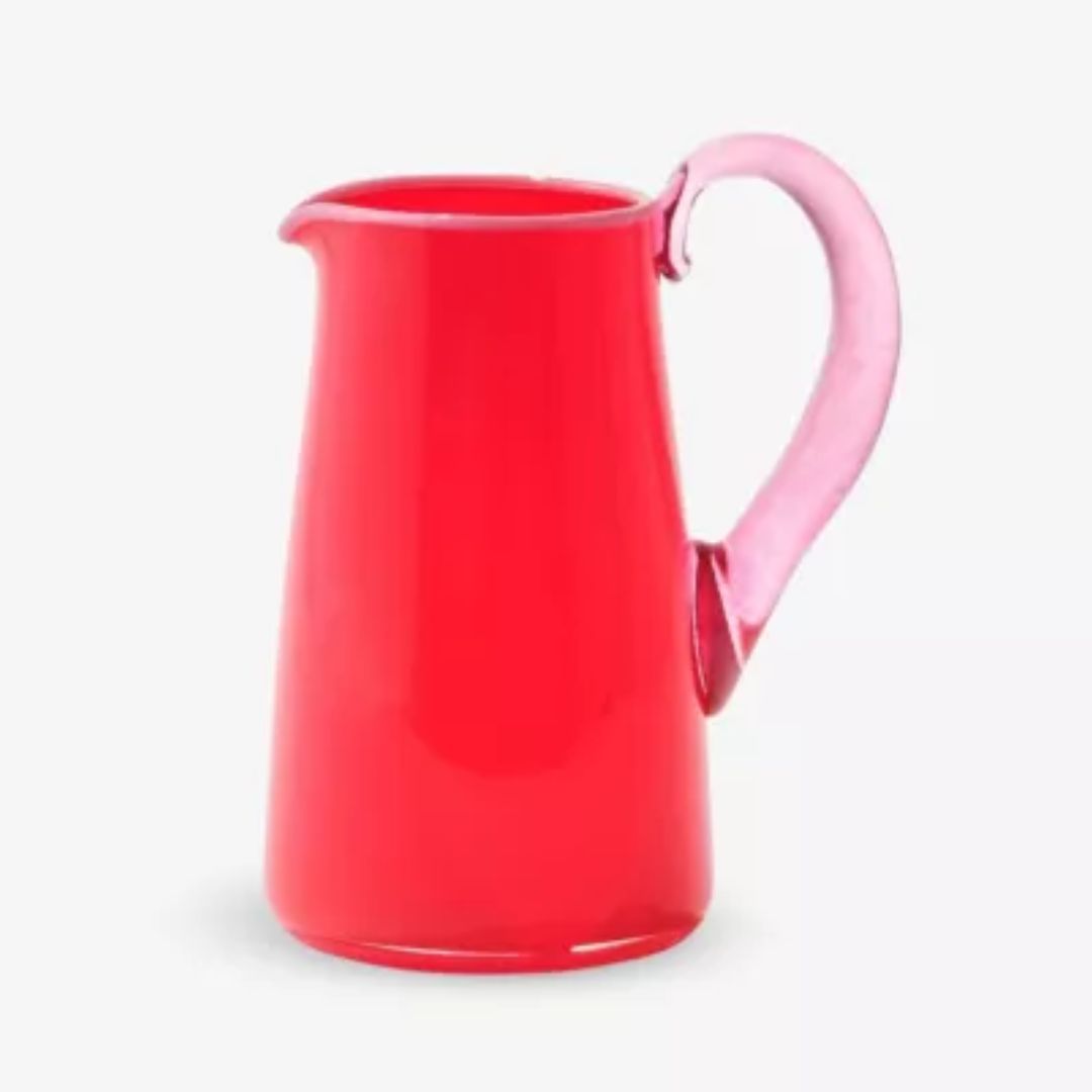 table decor - red glass jug with pink handle