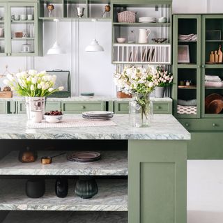 Green kitchen with green quartz worktop