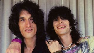 Aerosmith’s Joe Perry and Steven Tyler posing for a photograph in 1984