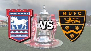 Ipswich vs Maidstone football club logos over an image of the FA Cup Trophy