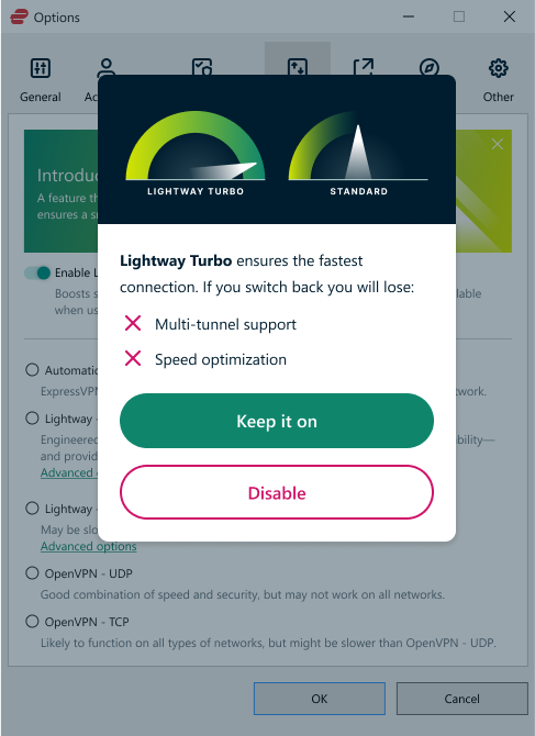 ExpressVPN's Lightway Turbp tab on the Settings menu on the VPN app