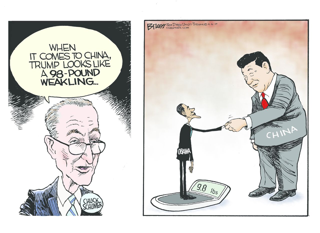 Political Cartoon U.S. Chuck Schumer Trump China Obama weak