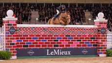 Andrew Hodgins and Shanaclough Luichew soaring into equal third in the puissance at the London International Horse Show 2025.