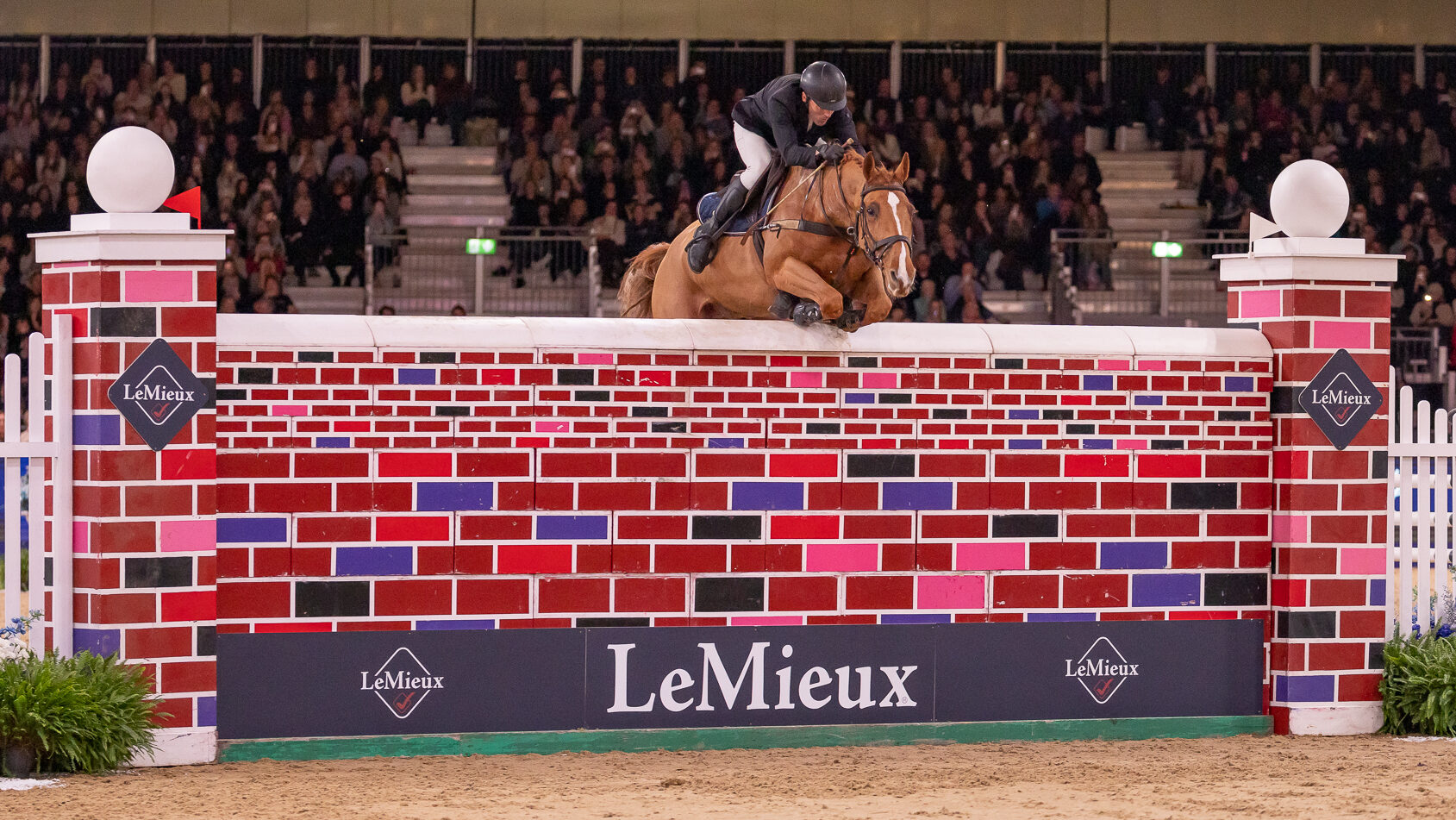 Andrew Hodgins and Shanaclough Luichew soaring into equal third in the puissance at the London International Horse Show 2025.