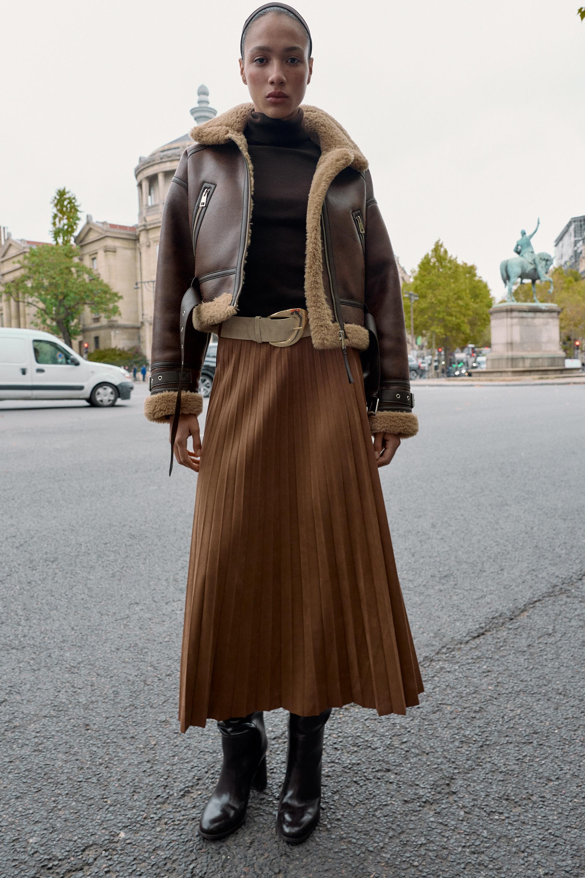 Suede Effect Pleated Midi Skirt With Belt