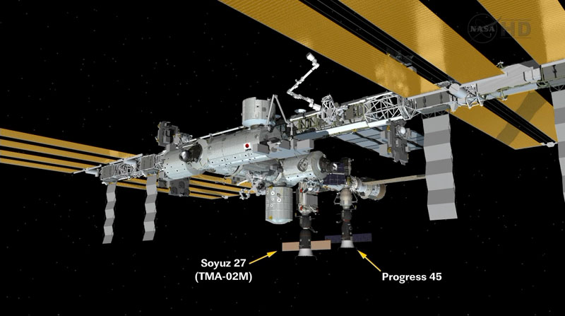 This graphic shows the Progress 45 unmanned cargo ship just after its docking on the Pirs docking compartment at the International Space Station.