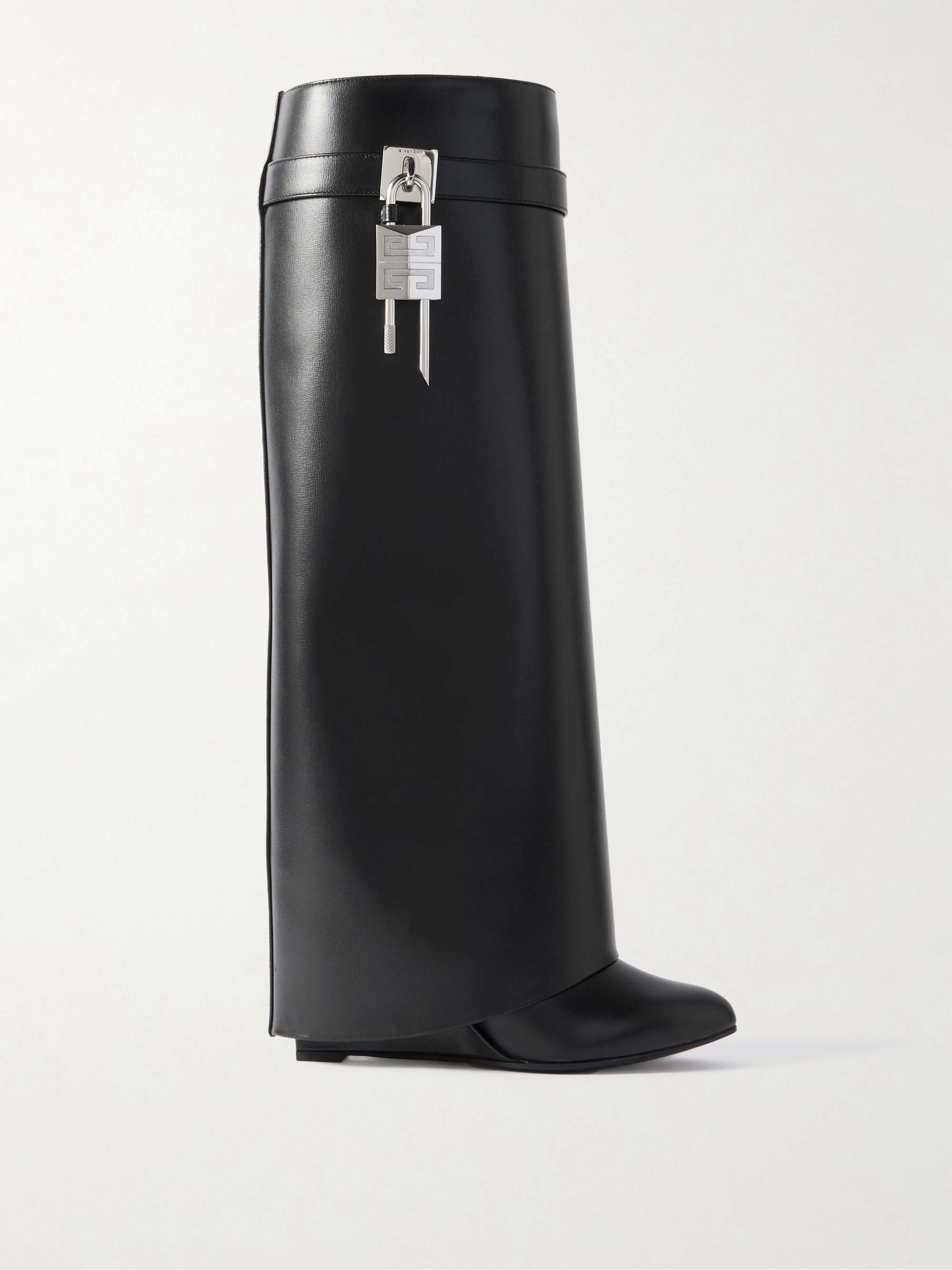 Shark Lock Embellished Glossed-Leather Knee Boots