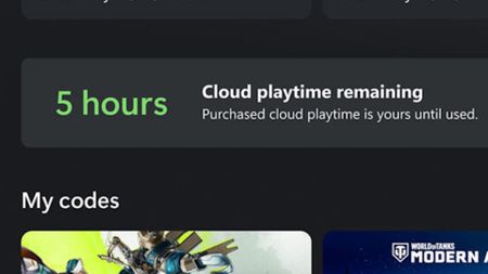 Xbox cloud gaming menu showing 5 hours of playtime remaining