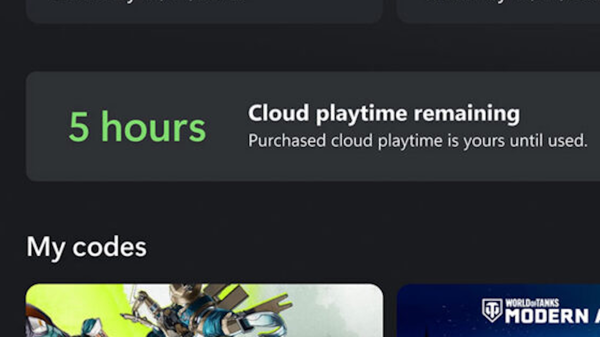 Xbox cloud gaming menu showing 5 hours of playtime remaining