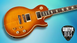 A Gibson Kirk Hammett Greeny Les Paul on a blue background