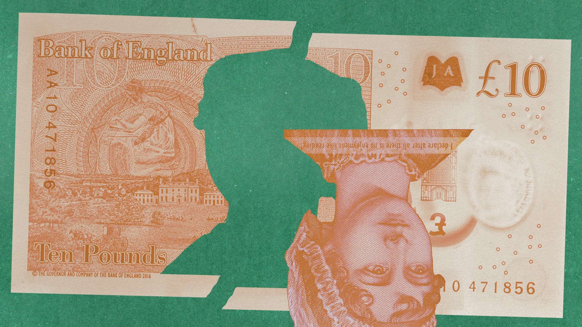 Photo collage of the 10 pound note, torn and with Austen's portrait cut out of it 
