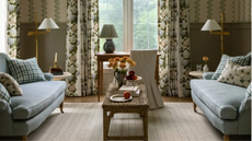 Small country style living room with blue sofas facing towards each other and a large window in the centre
