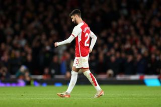Fabio Vieira of Arsenal leaves the pitch after being shown a red card during the Premier League match between Arsenal FC and Burnley FC at Emirates Stadium on November 11, 2023 in London, United Kingdom.