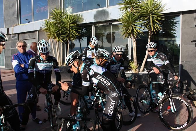 The Omega Pharma-Quickstep riders wait to start their training ride