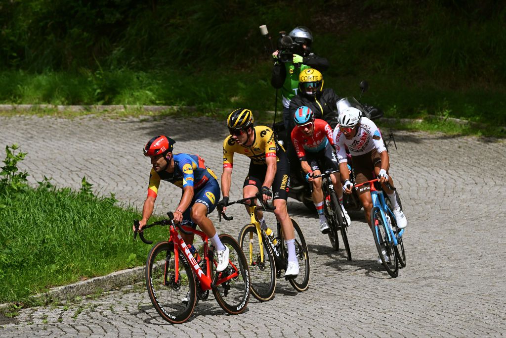 DUSZNIKIZDROJ POLAND JULY 31 A general view of Jacopo Mosca of Italy and Team Lidl Trek Mick Van Dijke of The Netherlands and Team JumboVisma Bastien Tronchon of France and AG2R Citroen Team and Andreas Kron of Denmark and Team Lotto Dstny compete in the breakaway during the 80th Tour de Pologne 2023 Stage 3 a 1623km stage from Walbrzych to DusznikiZdroj 668m UCIWT on July 31 2023 in DusznikiZdroj Poland Photo by Dario BelingheriGetty Images
