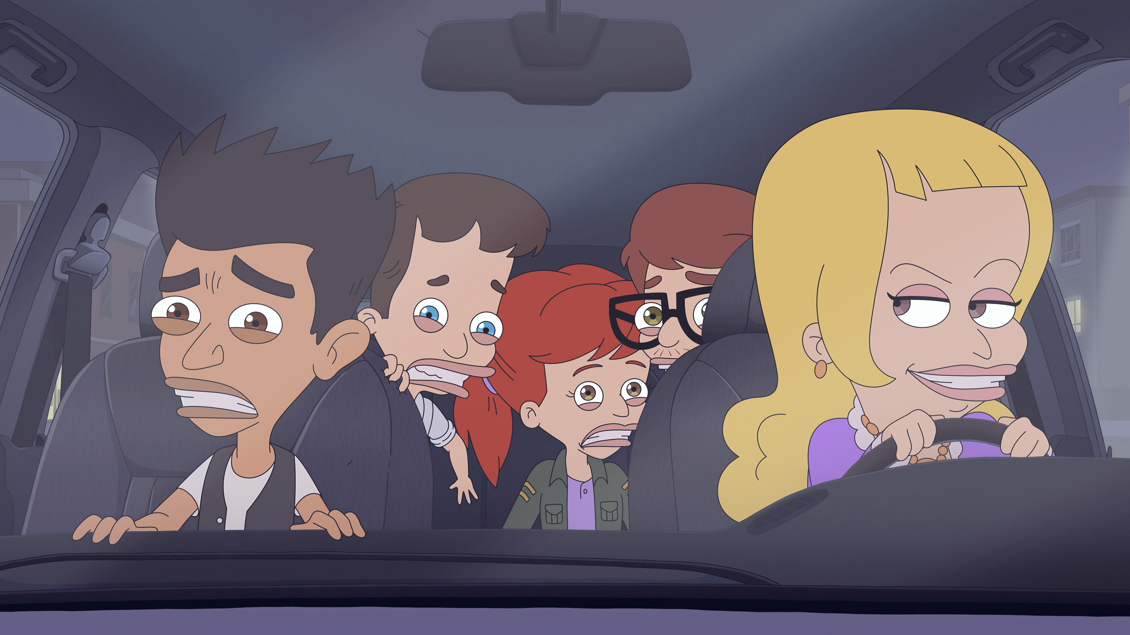 Jay (voiced by Jason Mantzoukas), Nick (Nick Kroll), Jessi (Jessi Klein), Andrew (John Mulaney), and Lola (Nick Kroll) in Big Mouth S8.