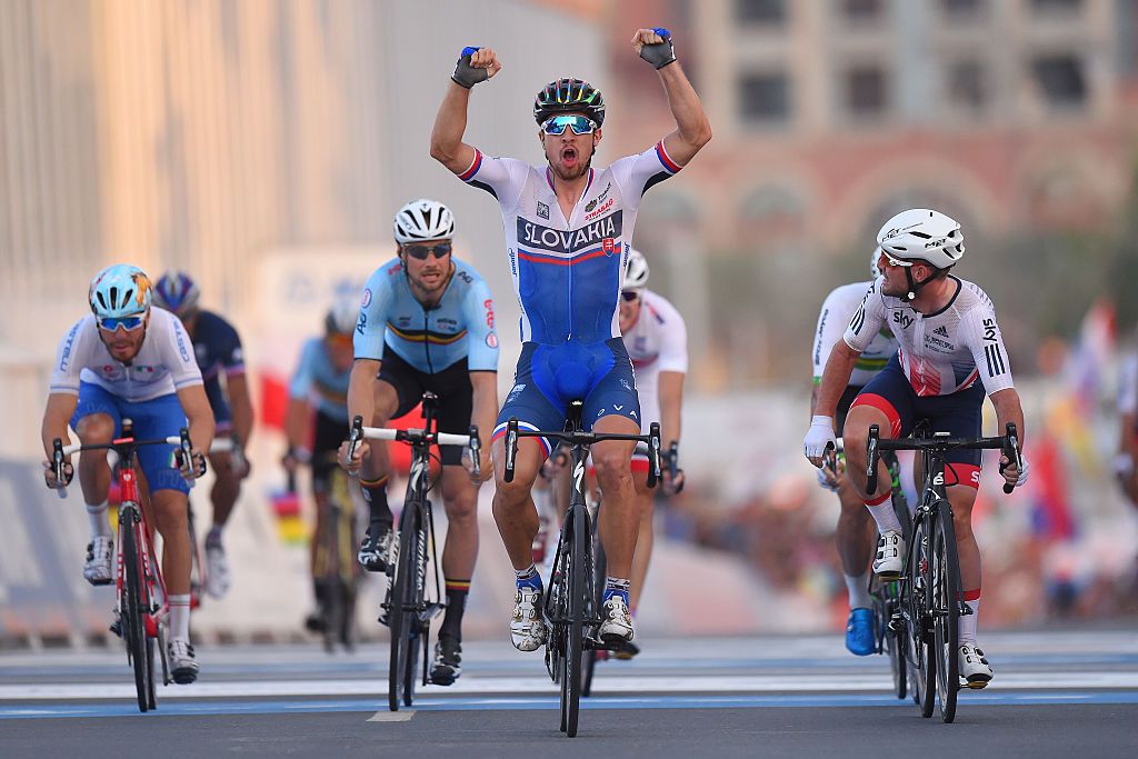 Cycling: 89th Road World Championships 2016 / Men Elite
Arrival / Peter SAGAN (SVK) Celebration / Mark CAVENDISH (GBR)/ Tom BOONEN (BEL) / Giacomo NIZZOLO (ITA)/
Aspire Zone - The Pearl Qatar (257,5km)/
Men Elite / WC / &Acirc;&copy; Tim De Waele