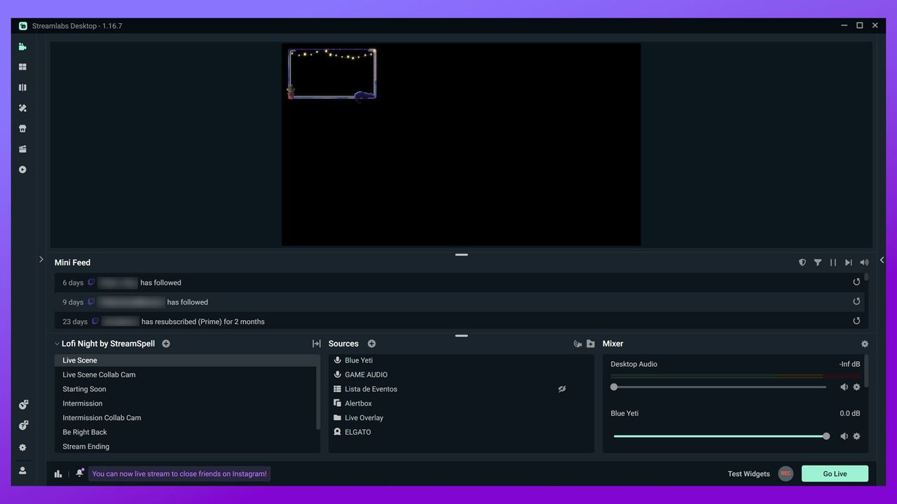 A shot of the Streamlabs UI on a purple background