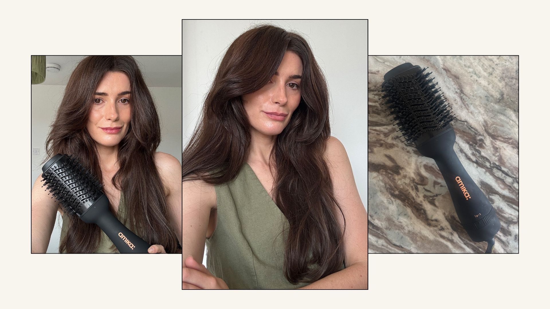 A collage of pictures with beauty editor Eleanor testing the Amika hot brush