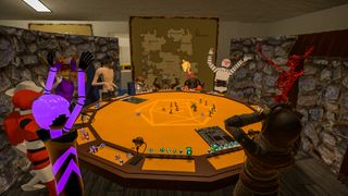 A group of 3D avatar surrounding a tabletop game