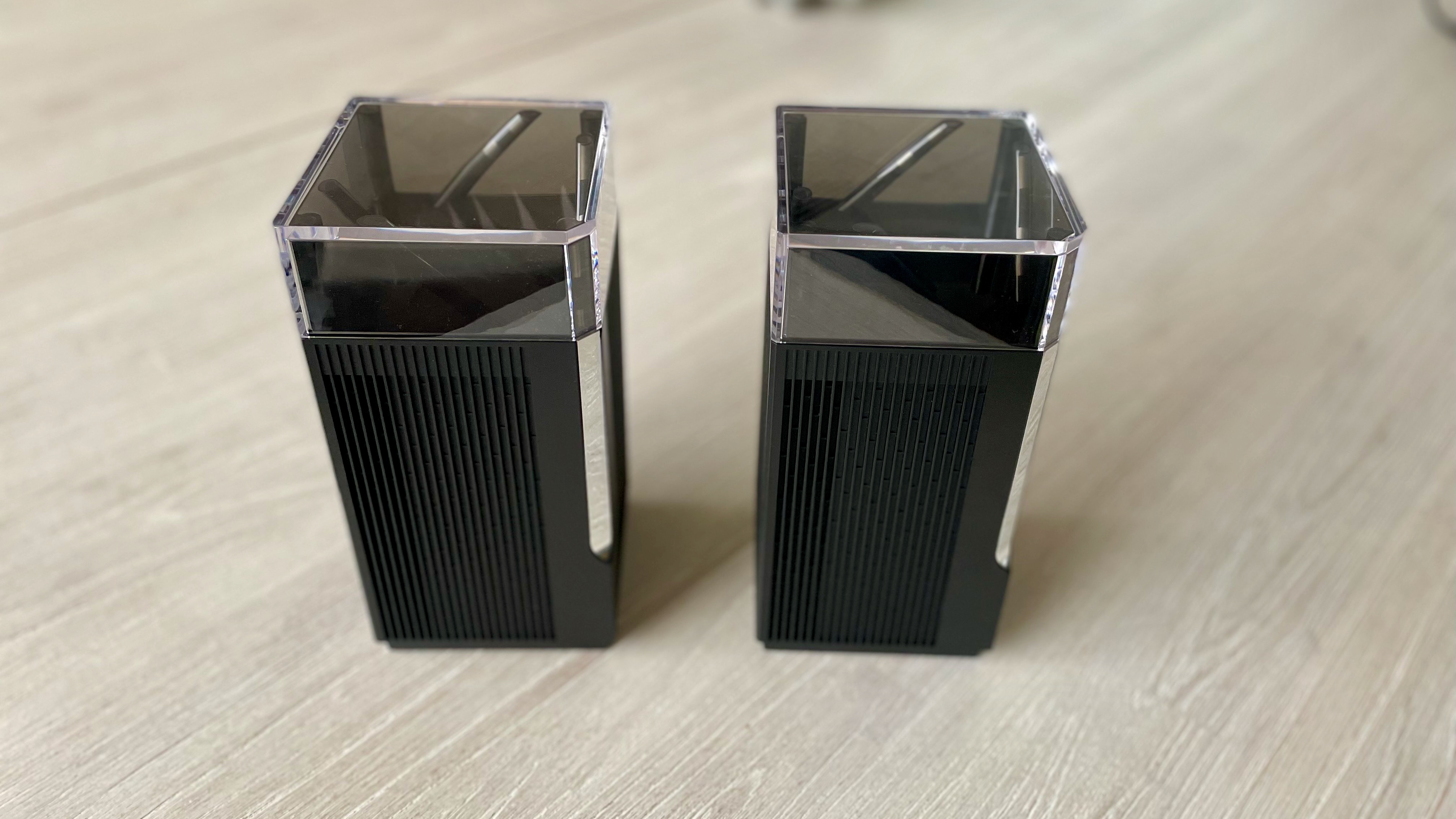 The twin towers of the Asus ZenWiFi Pro XT12 mesh router