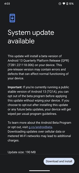 The Android 13 QPR2 Beta 1 update.