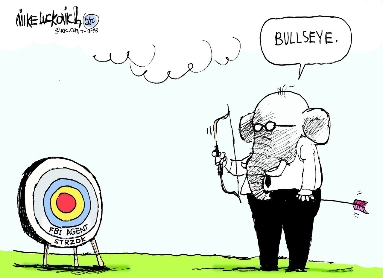 Political Cartoon U.S. GOP house hearing FBI agent Peter Strzok bullseye