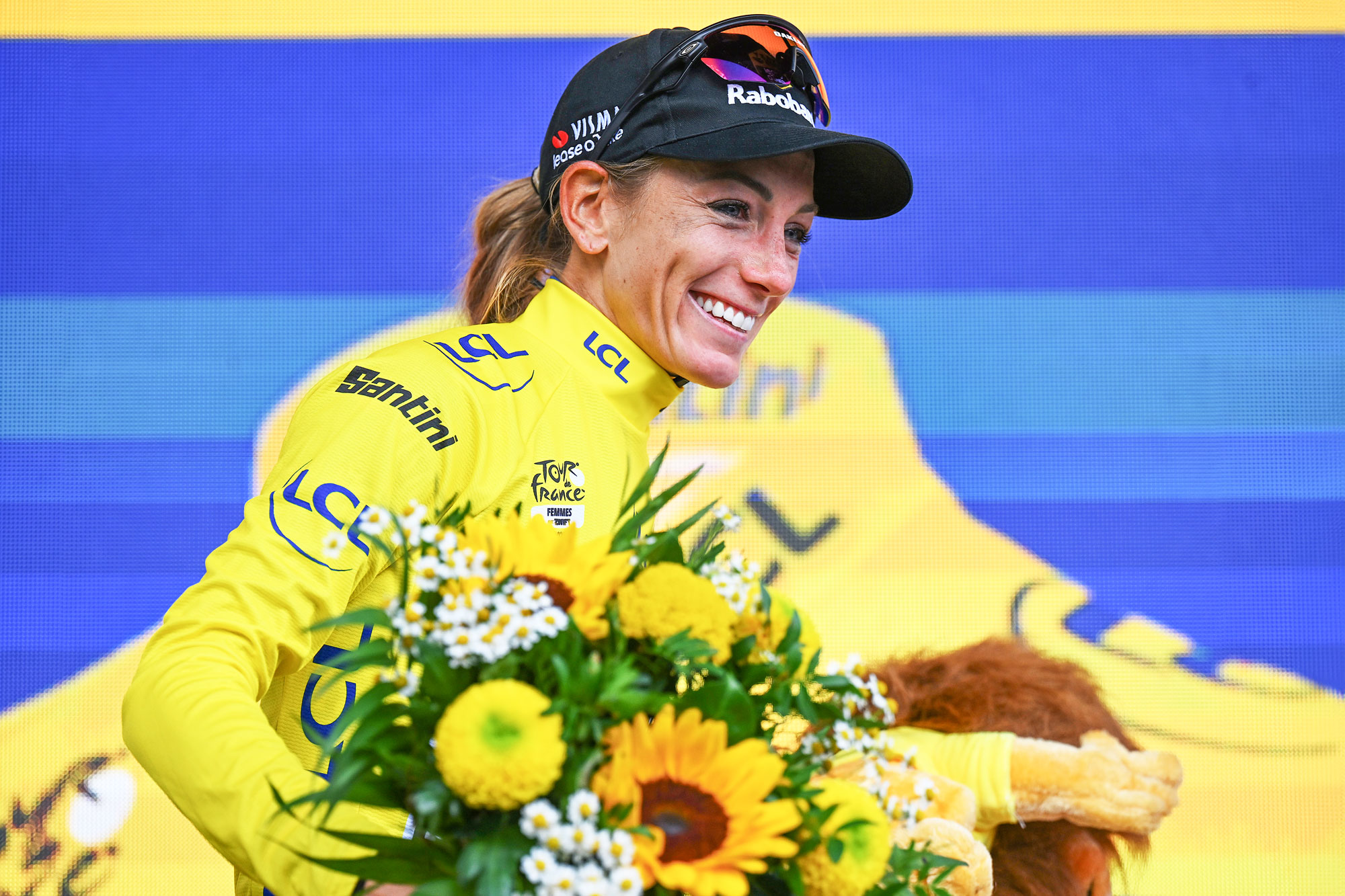 SAINT-FRANCOIS LONGCHAMP, FRANCE - AUGUST 02: Pauline Ferrand-Prevot of France and Team Visma | Lease a Bike celebrates at podium as Yellow leader jersey winner during the 4th Tour de France Femmes 2025, Stage 8 a 111.9km stage from Chambery to Saint-Francois Longchamp - Col de la Madeleine 1986m / #UCIWWT / on August 02, 2025 in Saint-Francois Longchamp, France. (Photo by Tim de Waele/Getty Images)